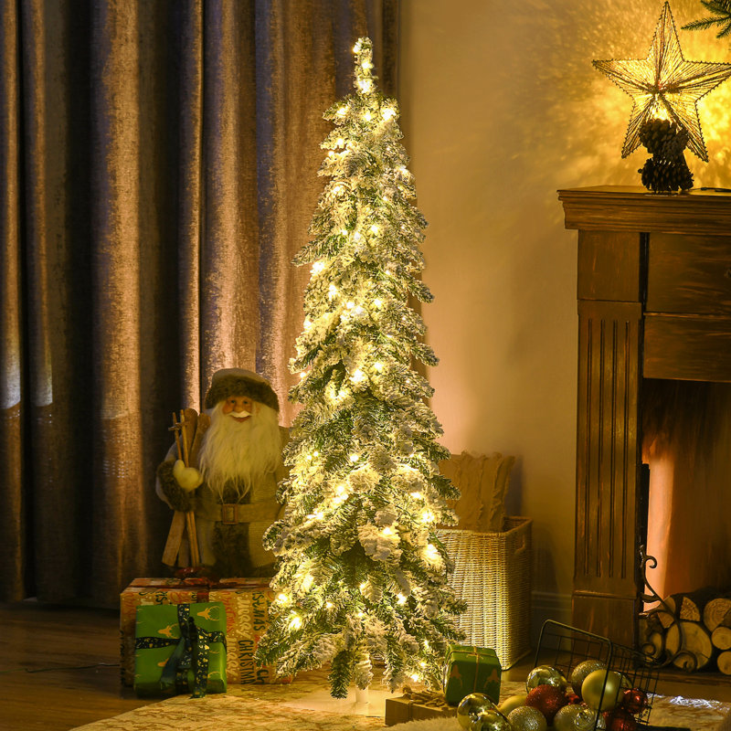 Arbre de Noël artificiel de 4 pi avec 4 branches, 225 branches floquées par la neige, 100 lumières DEL blanches ou colorées, forme Downswept