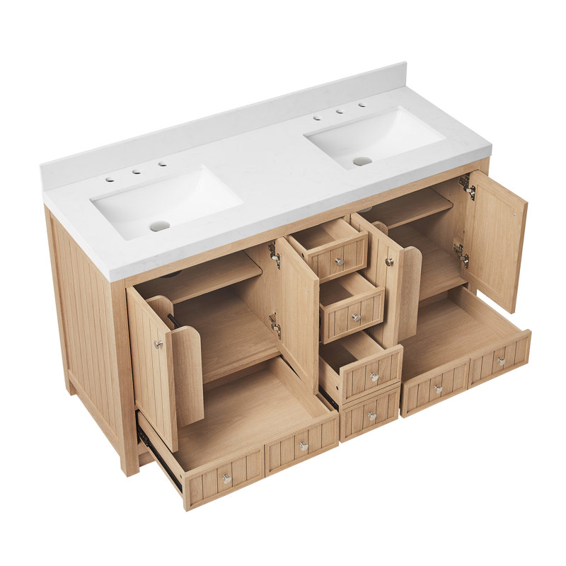 Aula 60 inch Double Bathroom Vanity with 2" Thassos White Quartz Countertop, Nordic Natural Oak