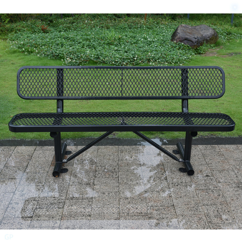 Banc d'extérieur en acier avec dossier, Noir, H 32,65 po x l 72,06 po x P 23,17 po