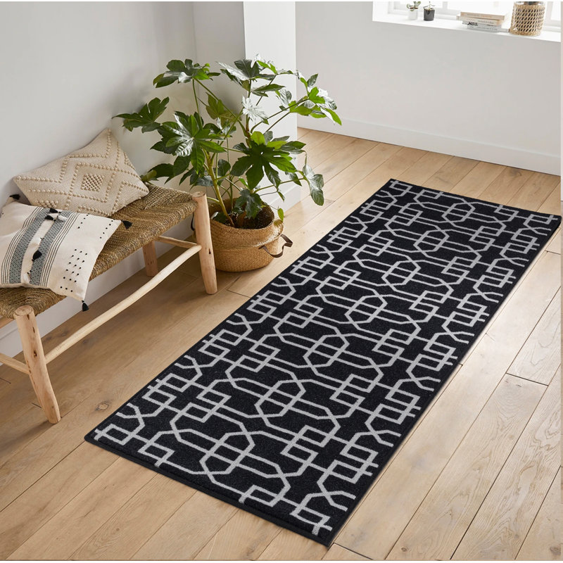 Faiqah Non-Slip Geometric Indoor Doormat, Black, Rectangle 80 x 300cm
