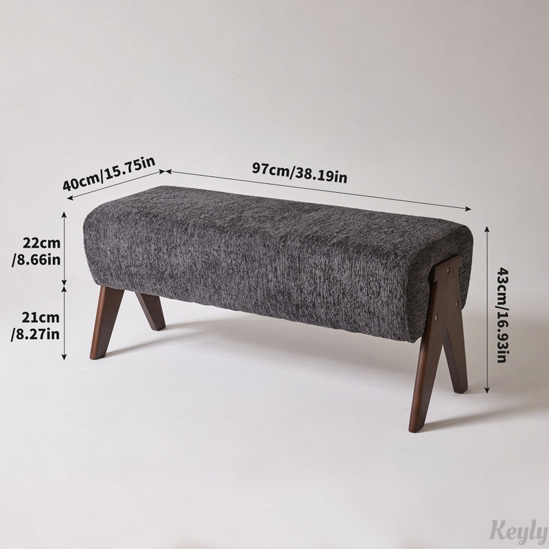 Banc rembourré en chenille avec pieds en bois massif, Grey, Grey