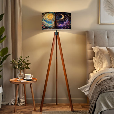 Tripod Standing Lamp Sun Moon Stained Glass Inspired Floral Nature Elements Remote Controlled Dimmable LED Floor Lamp with Beech Wood Legs & Detachabl