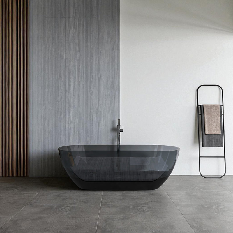 69" x 29.5" Solid Surface Stone Resin Freestanding Soaking Bathtub, Transparent Gray Blue