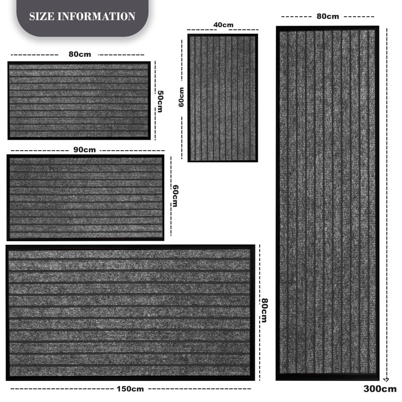 High Quality Non-Slip Indoor/Outdoor Door Mats, 80cm W x 150cm L, Grey