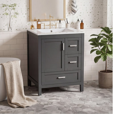 Meuble-lavabo moderne de 24 pouces avec lavabo en céramique, porte à fermeture douce, tablette double couche et 3 tiroirs