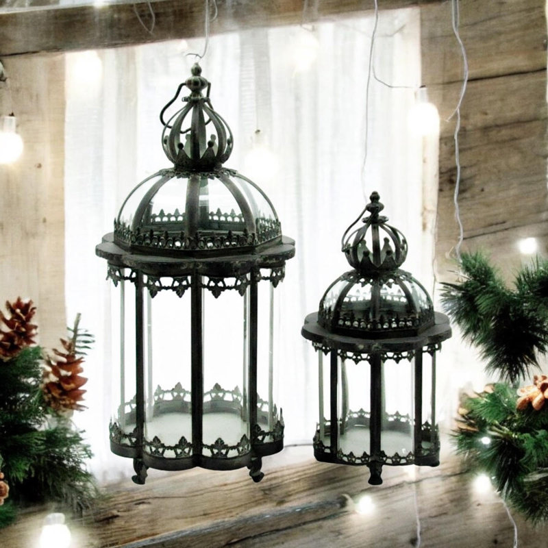 2 Piece Metal Floor Lantern Set, Black