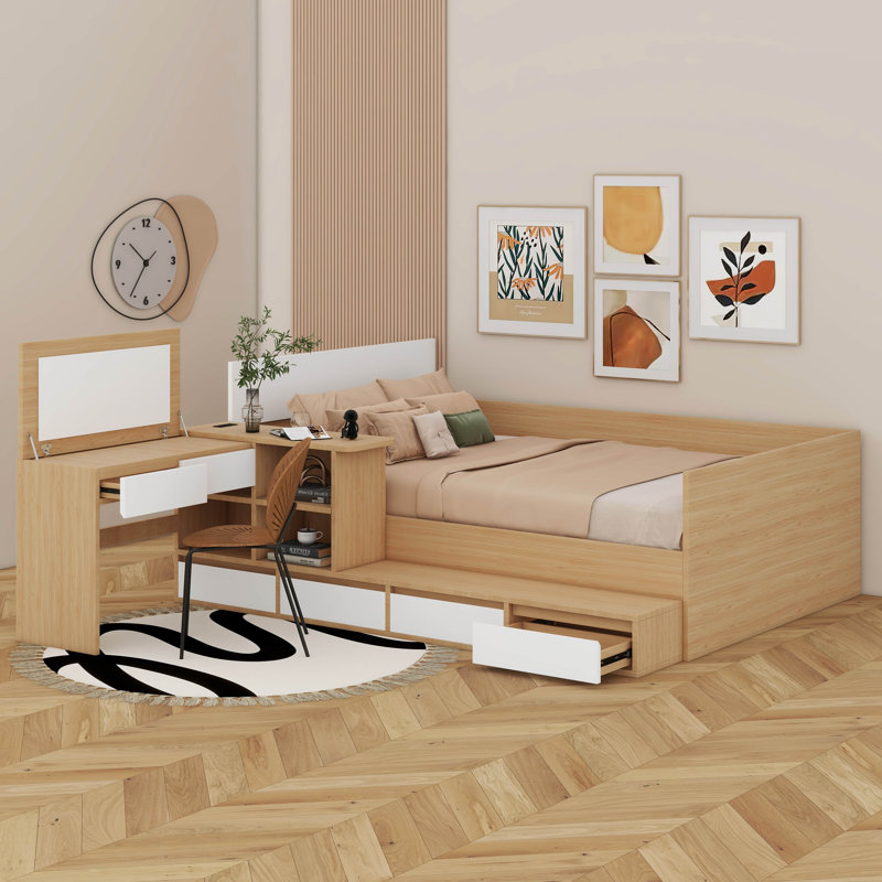 Lit plateforme double en bois avec tiroirs, tablettes et coiffeuse, Naturel