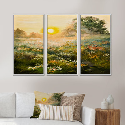 «Sunrise in the Blossoming Field», reproduction de photo sur toile 3 pièces