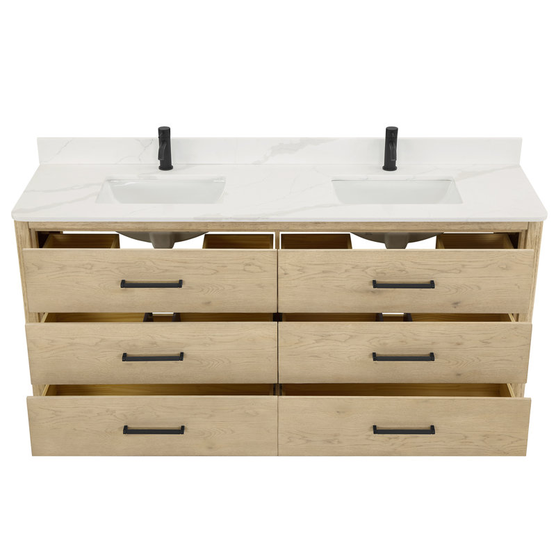 Porto 72'' Free Standing Double Bathroom Vanity with Quartz Top, Natural Oak, Matte Black