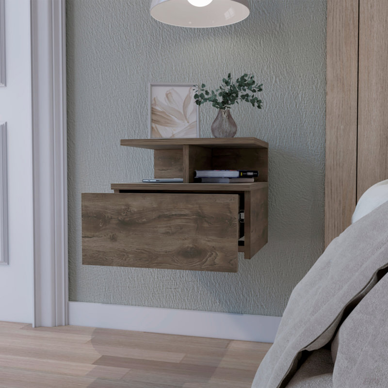 Floating Nightstand With 2-Tier Shelf And 1-Drawer, Dark Walnut
