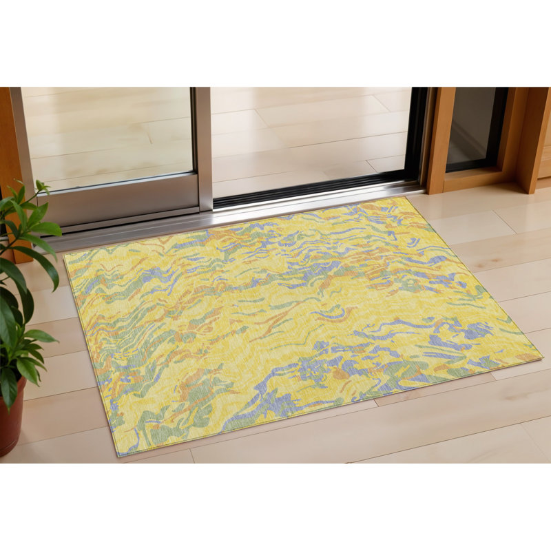 Tapis intérieur jaune lavable abstrait 3 pi x 5 pi