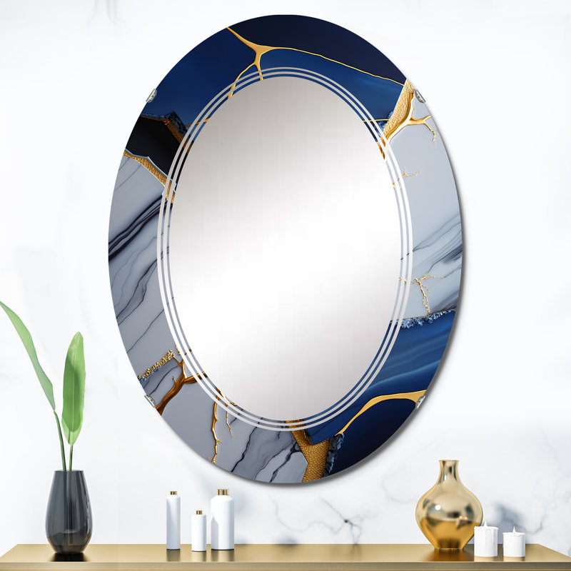 Rahshan - Géode abstraite bleue I - Miroir mural abstrait en marbre, 36 po x 24 po