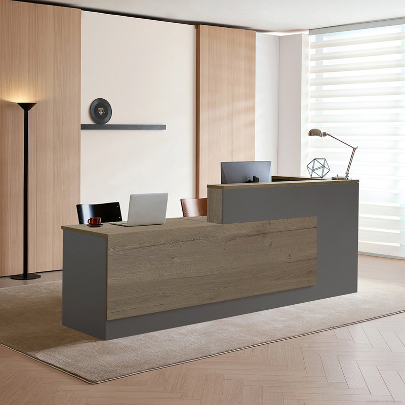 Bureau de réception en L avec tiroirs verrouillables et tablettes de rangement, bureau d'ordinateur multifonctionnel
