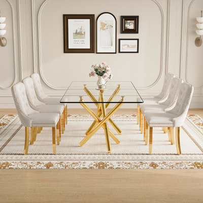 71" Dining Table Set, Modern Dining Table Set With Tempered Glass Tabletop, Velvet Chairs & Gold Metal Legs