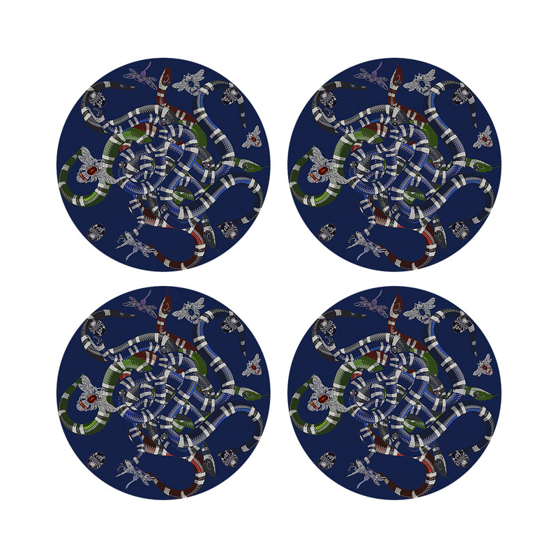 Ouroboros Purple Vegan Leather Round Coasters, Blue