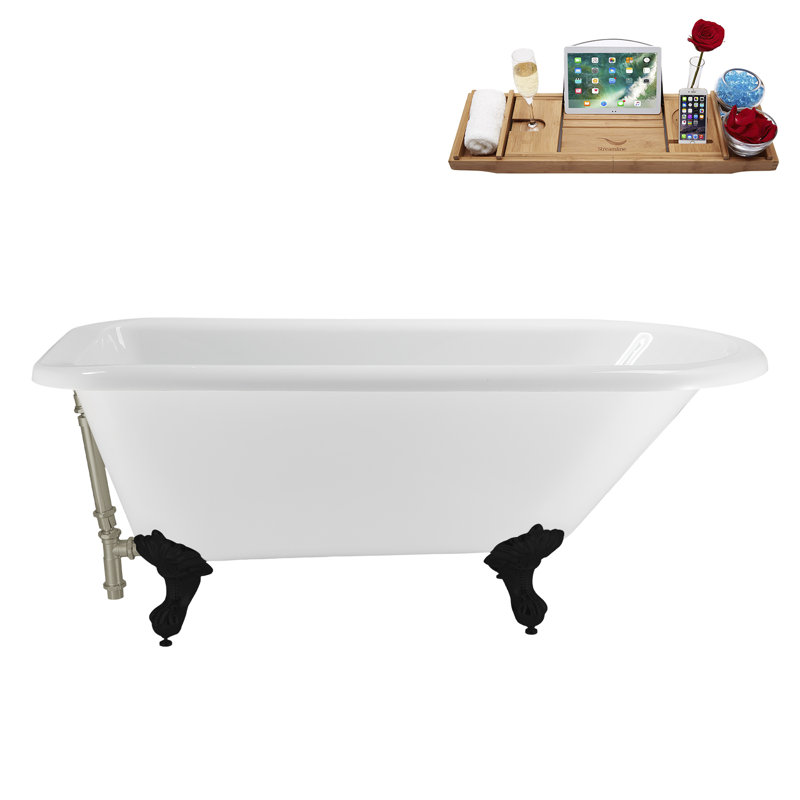 62" Streamline Clawfoot Tub,Tray,Drain, Clawfeet, Matte Black, Brushed Nickel