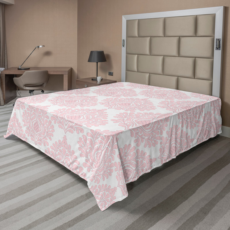 Ambesonne Top Flat Sheet Curving Art, King Flat Sheet, White Pink Damask