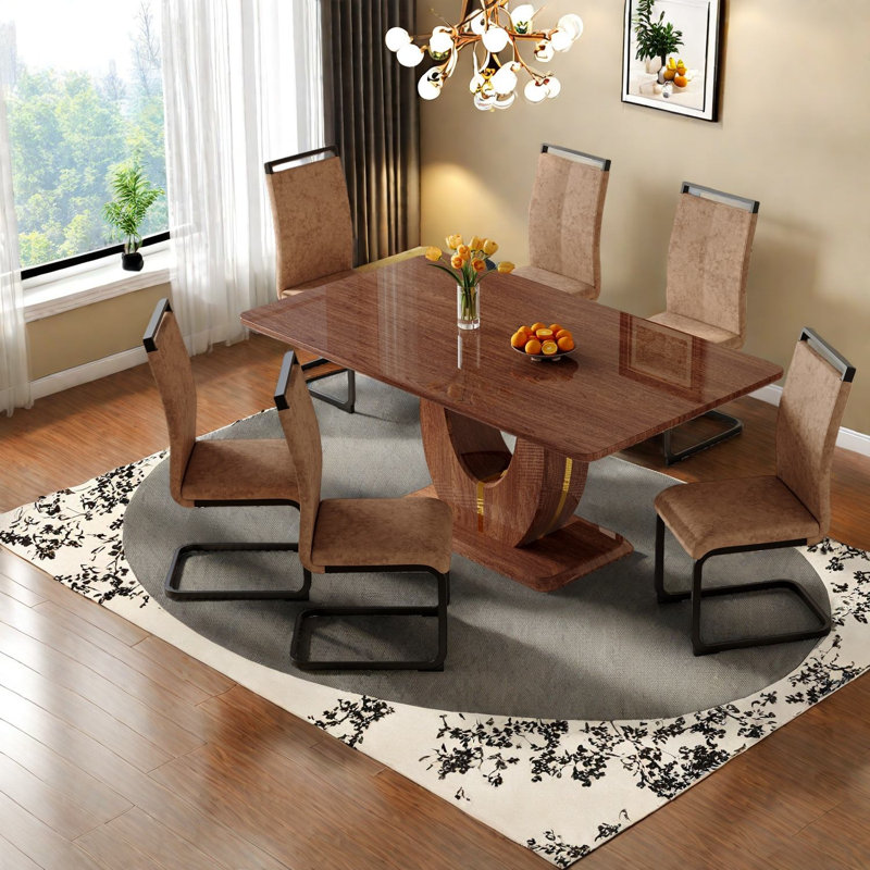 Ensemble de table de salle à manger moderne, table en bois aggloméré 63 po avec 6 chaises en tissu, parfaite pour la maison et la cuisine