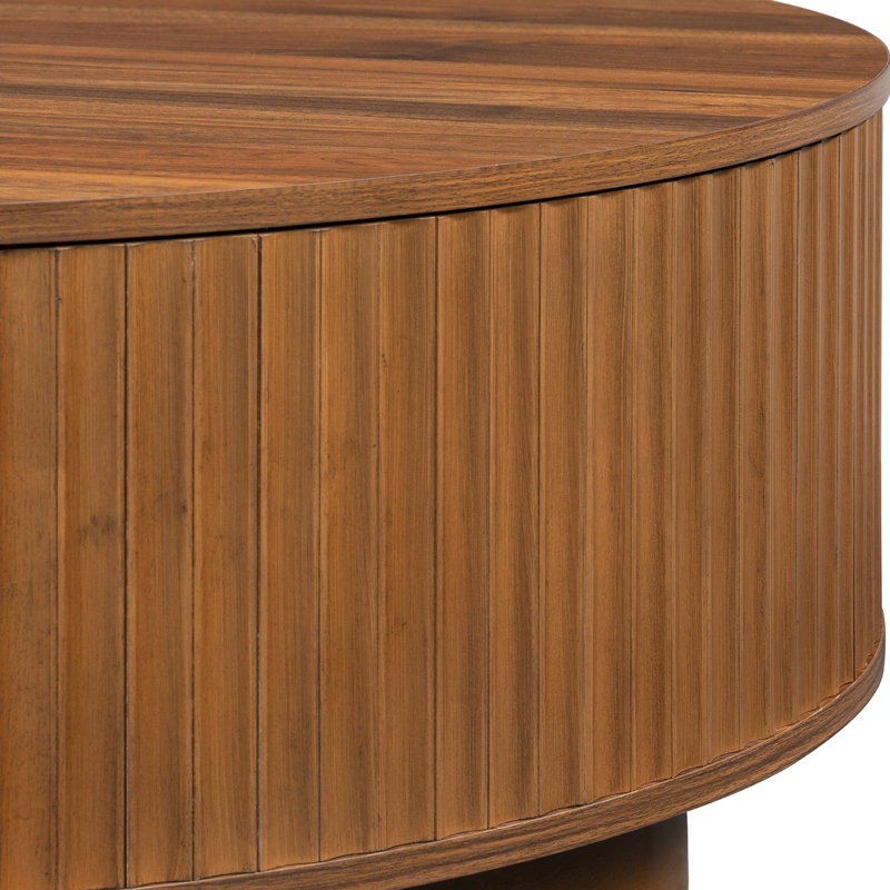 Table basse ronde avec rangement, table centrale cannelée, 2 tiroirs avec poignées dorées, maison de campagne moderne, salon