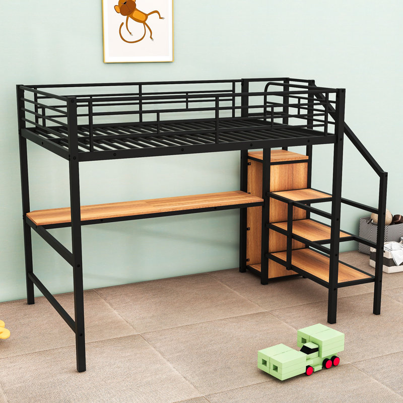 Full Size Metal Loft Bed With Built-In Desk, LED Lighting, Wardrobe And Storage Staircase, Black