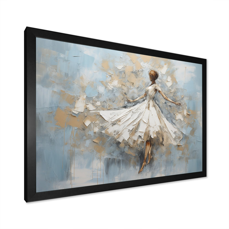 Minimalisme dansant blanc et bleu sur toile, Cadre simple noir, H 44 po x l 34 po x P 1,5 po