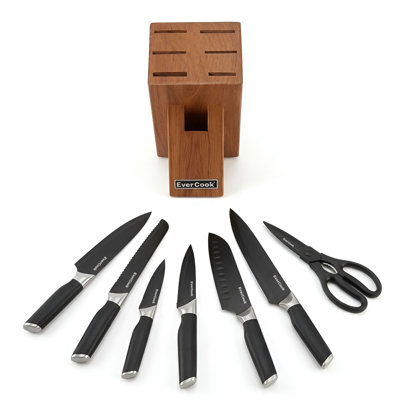 EverCook 8Pc Knife Block Set, Black Matte Blade, Black Handle, Acacia Wood Block