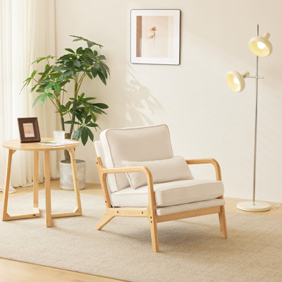 Lemley Mid Century Solid Wood Accent Chair Upholstered Armchair with an Extra Pillow