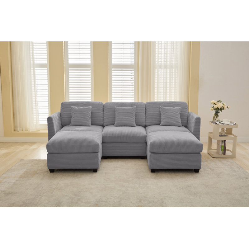 5-piece Modular Sectional Sofa With 2 Ottomans, Light Gray Corduroy