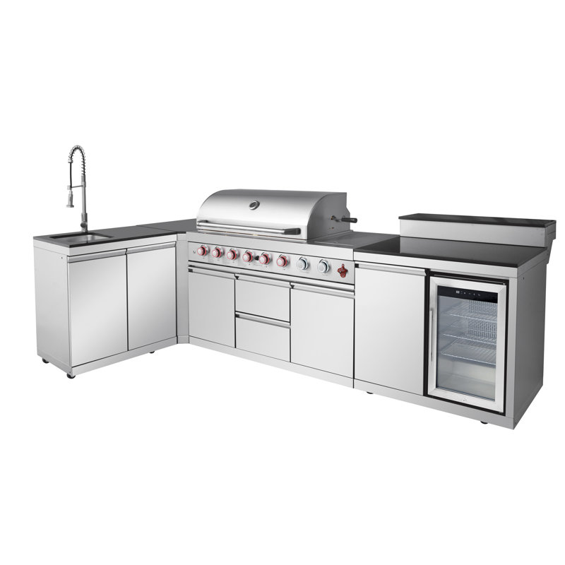Îlot de cuisine en acier inoxydable pour barbecue à 6 brûleurs 99000 avec évier, rangement à double porte, réfrigérateur, armoire d'angle à trois niveaux, brûleurs à haute puissance, tiroirs spacieux, installation modulaire