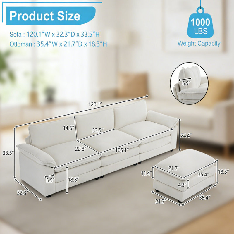 Canapé 120 po, Chenille blanche