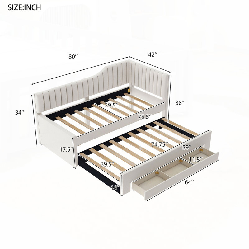 Versatile Upholstered Daybed with Trundle and Multiple Drawers for All Spaces, Beige, Twin
