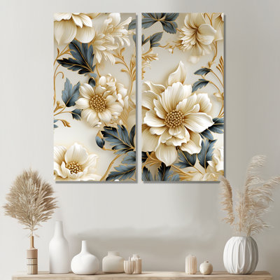 Golden White And Blue Flowers Elegance - Blue Glam, Modern Wall Art