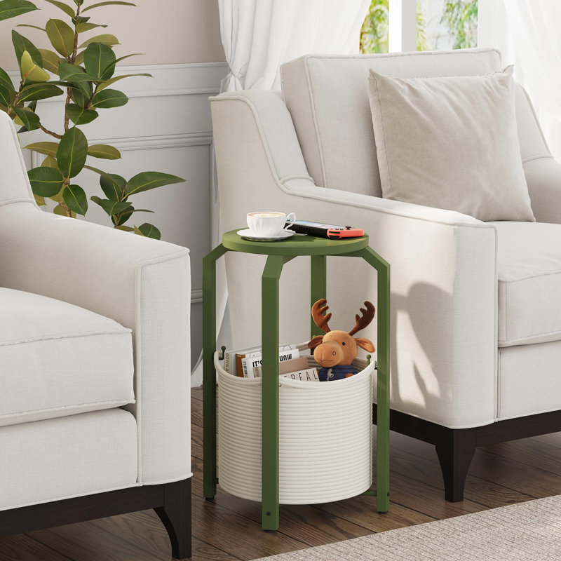 Small Side Table, Round End Table, Night Stand, Bedside Table, Sofa Table With Storage Basket, Living Room, Bed Room, Olive Green