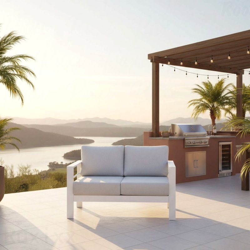 50" All-Weather Aluminum Patio Loveseat With Thick Light Gray Cushions & White Frame, Light Gray, White
