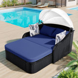 Lit de bronzage d'extérieur 79,9 po avec auvent réglable, lit double, lit de repos en rotin PE, osier noir et coussin