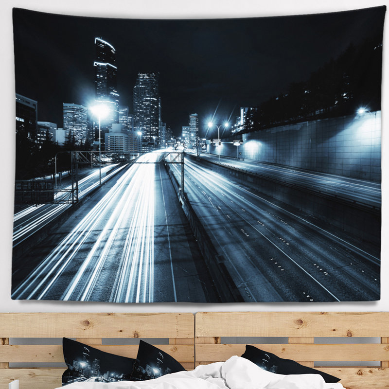 Tapisserie de cityscape de polyester illuminé par le centre-ville seattle avec accessoires suspendu inclus, H 78 po x l 92 po