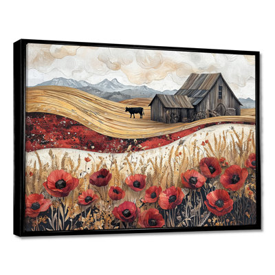 Countryside Poppies And Cow And The Barn III - Floral Wall Art