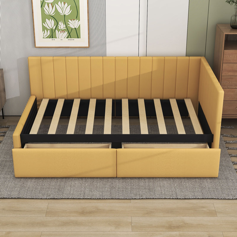 Upholstered Daybed With 2 Storage Drawers, Yellow, Twin