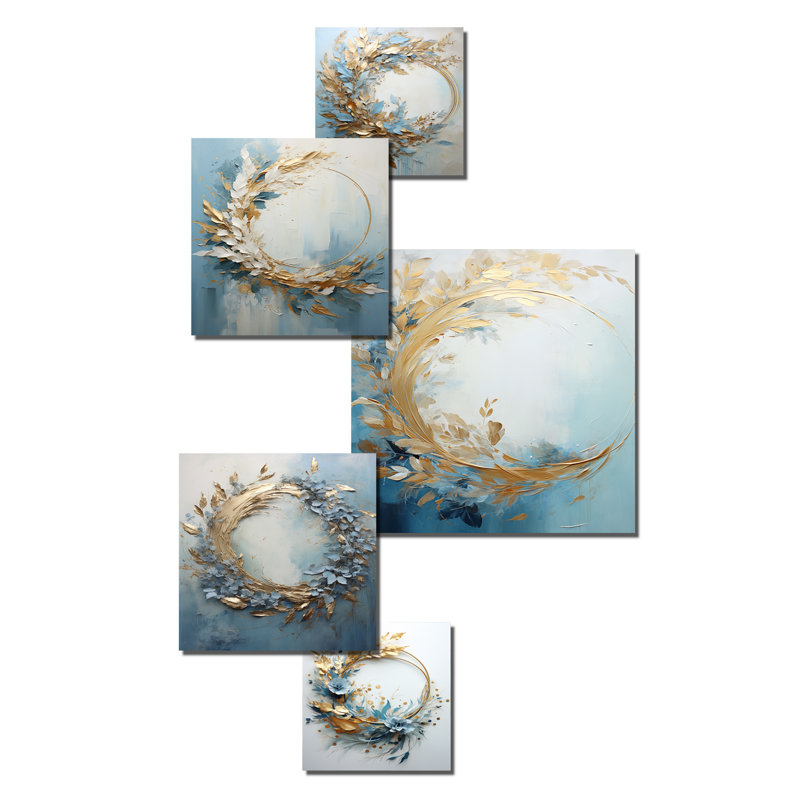 Couronne de fleurs bleue et dorée - ensemble d'art mural couronne de 6