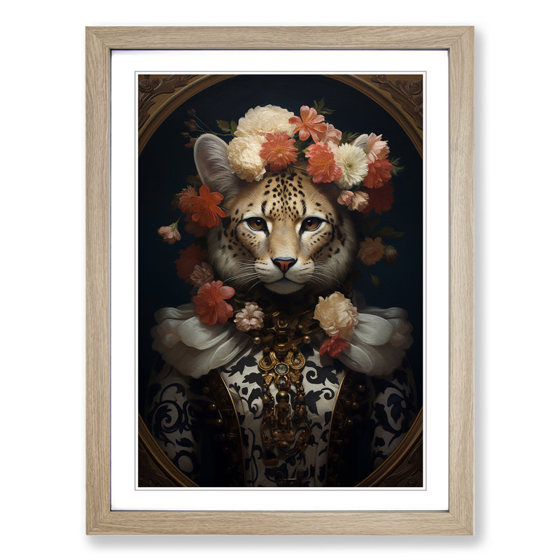 Cheetah Rococo - Single Picture Frame Print on Wood, 64cm H x 46cm W x 2cm D, Oak Framed