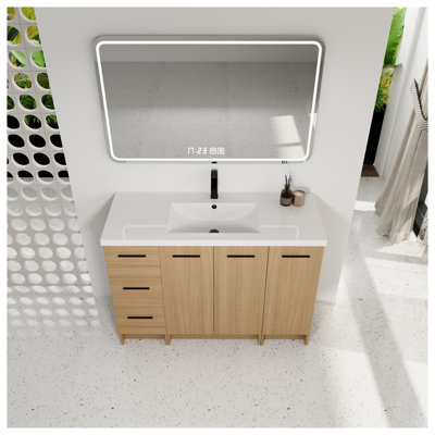 Meuble-lavabo autoportant modulaire de 48 po avec lavabo en résine, finition blanc brillant et chêne clair, fabrication en contreplaqué avec armoire, tiroir et unité latérale