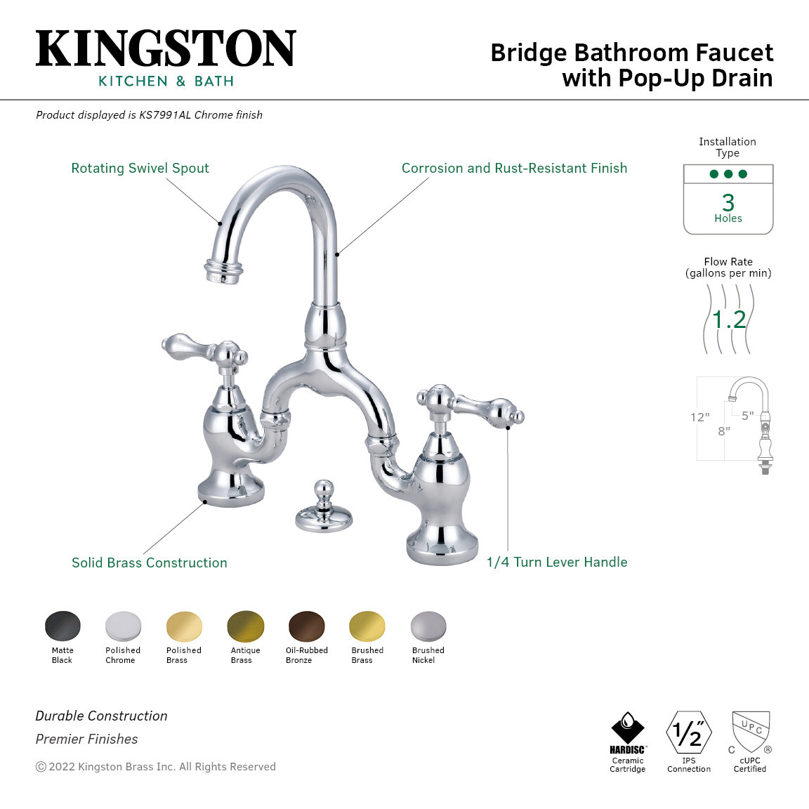 Kingston Brass English Country Two-Handle 3-Hole Deck Mount Bridge Bathroom Faucet with Brass Pop-Up, Polished Brass