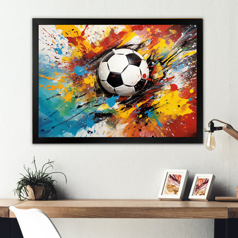 Abstraction soccer ball - décoration murale soccer, Cadre simple noir, H 16 po x l 32 po x P 1 po