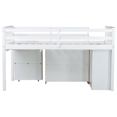 Twin Size Loft Bed with Pull-Out Desk, Storage Drawer & Shelf, Rubber Wood Frame, Safety Guardrails & Ladder, by Harriet Bee