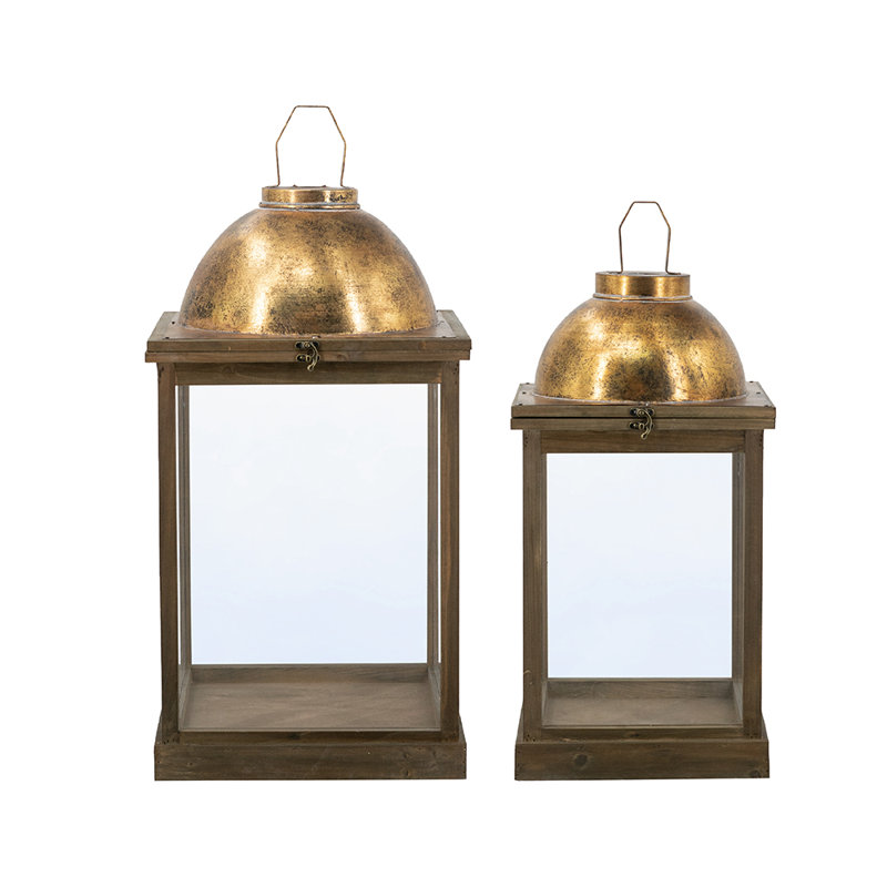 S/2 Brown Wooden Lanterns With Clear Glass Panels And Gold Metal Dome Accents L:14x14x28.5" S:11x11x23"