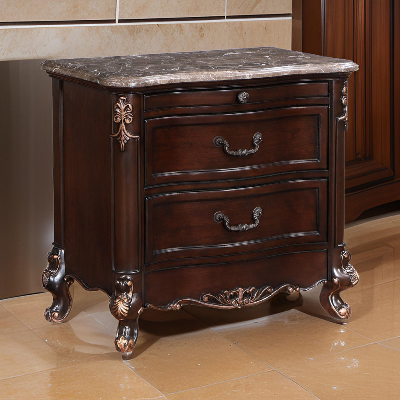 Constantine Dark Walnut and Marble Traditional 2-Drawer Nightstand