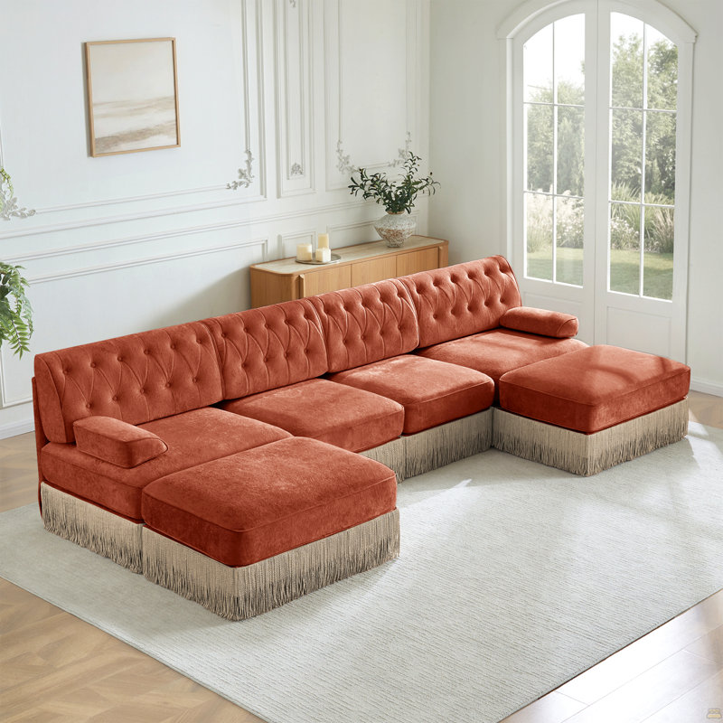 Jupe à pompons modulaire 4 places avec 2 repose-pieds Cloud, H 34,2 po x l 135,6 po x P 60,3 po, Rouge / Brun