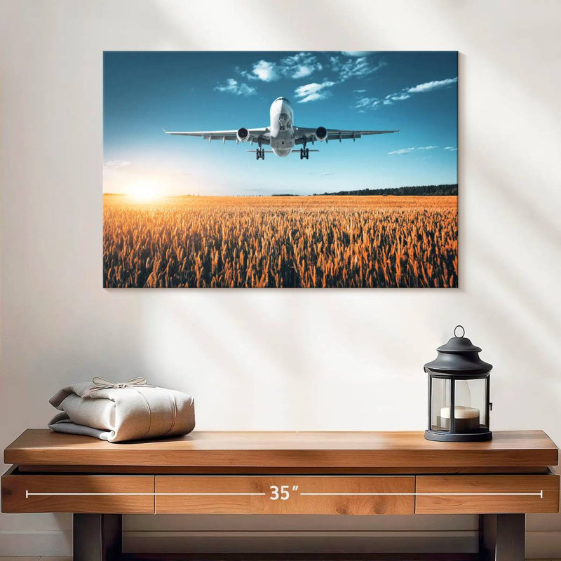 Avion au-dessus d'un champ, H 16 po x l 24 po