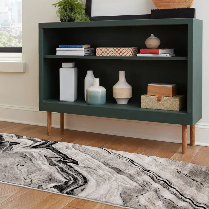  Ocossio Grey Black Modern Abstract Waves Area Runner, Runner 2'7" x 6'7"