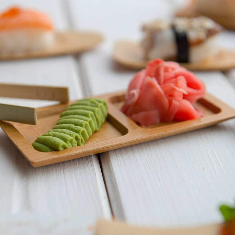 Restaurantware-4.8 x 2.5 Inch Appetizer Platters, 100 Carved Sauce Trays - 2-Compartment, Rectangle, Bamboo Divided Serving Dishes, Carved